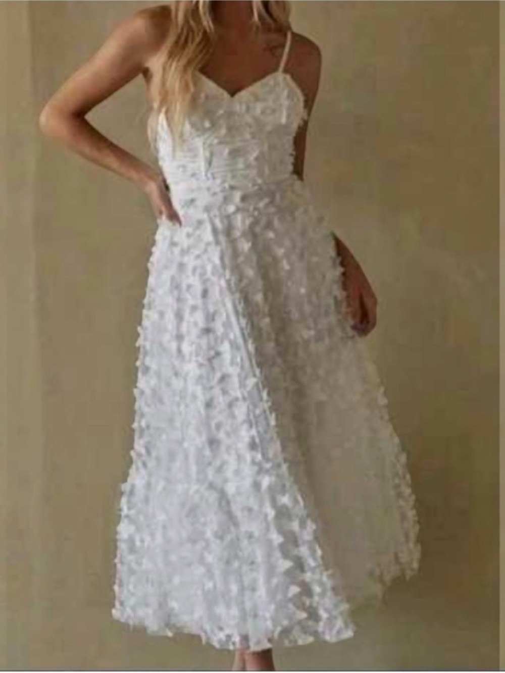 Thirty Thirty L.A. 3D Butterfly Appliqué Midi Dress - Ivory Lace Up XS